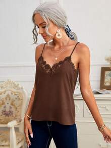 SHEIN Frenchy Women's Fashion Sexy Lace Floral Camisole Summer Brown Casual - Coffee Brown - View 5
