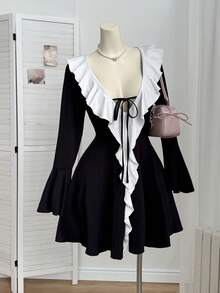 SHEIN EZwear Plus Size Black Ruffled Romantic Dress - Black - View 4