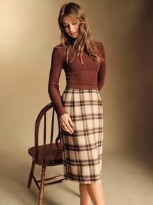 Écloséra Women's Autumn/Winter Fashionable Daily Wear Versatile Two-Piece Set For Women, Slim Fit Pullover Two-Piece Set With Ribbed Knit Plaid Skirt, Autumn/Winter Women's Two-Piece Set, Women's Thanksgiving Outfit, Women's Two-Piece Set, Christmas Outfit, Brown Two-Piece Set, New Year's Outfit, Women's Vacation Outfit, Elegant Top And Skirt Two-Piece Set, Graduation Season Women's Set, Elegant Women's Set - Multicolor - View 4