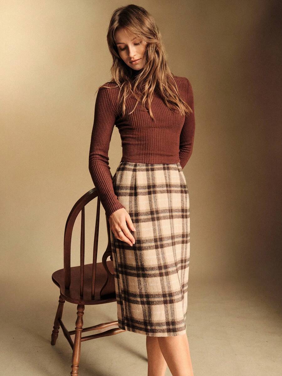 Écloséra 新款优雅复古法式纯色纹理舒适针织上衣和高腰格子羊毛长裙两件套女装秋冬 - 彩色 - 查看 1