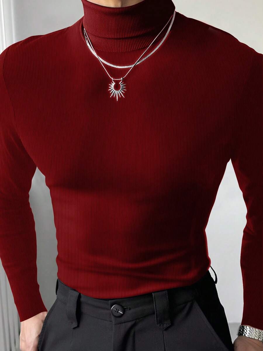 Manfinity Dauomo Áo thun nam cổ lọ tay raglan màu trơn, dáng ôm - Màu Đỏ Sâu - Xem 1