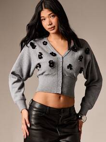 AiiRZ Oversized Cardigan With Black Floral Embellishments Button Front Long Sleeve Cropped Knit Sweater For Fall Winter Layering - Grey - View 1