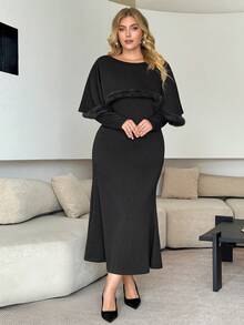 Modelyn Plus Size Women's Elegant Knitted 2 Pieces Set, Fuzzy Trim Shawl & Fitted Long Dress, Spring/Autumn - Grey - View 3