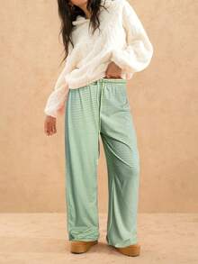 SHEIN Forever 21 Quần ống rộng kẻ sọc cạp rút thời trang thu đông cho nữ - Nhiều màu - Xem 5
