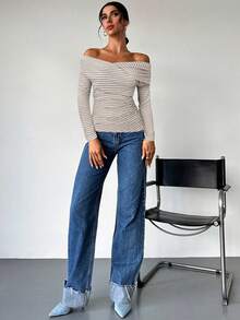 Firerie Damen Strukturiertes gestreiftes asymmetrisches Kragen Wickel Langarm T-Shirt Top, Gestreiftes Damen Bluse, Wickel Langarm Damen T-Shirt, Gestreiftes T-Shirt, Gerafftes T-Shirt, Schulterfrei Konvertibles T-Shirt Top, geeignet für Frühling, Sommer, Herbst, Winter, Pendeln, Elegant, Lässig, Alltag, Bürokleidung - Verschiedenfarbig - Übersicht 7