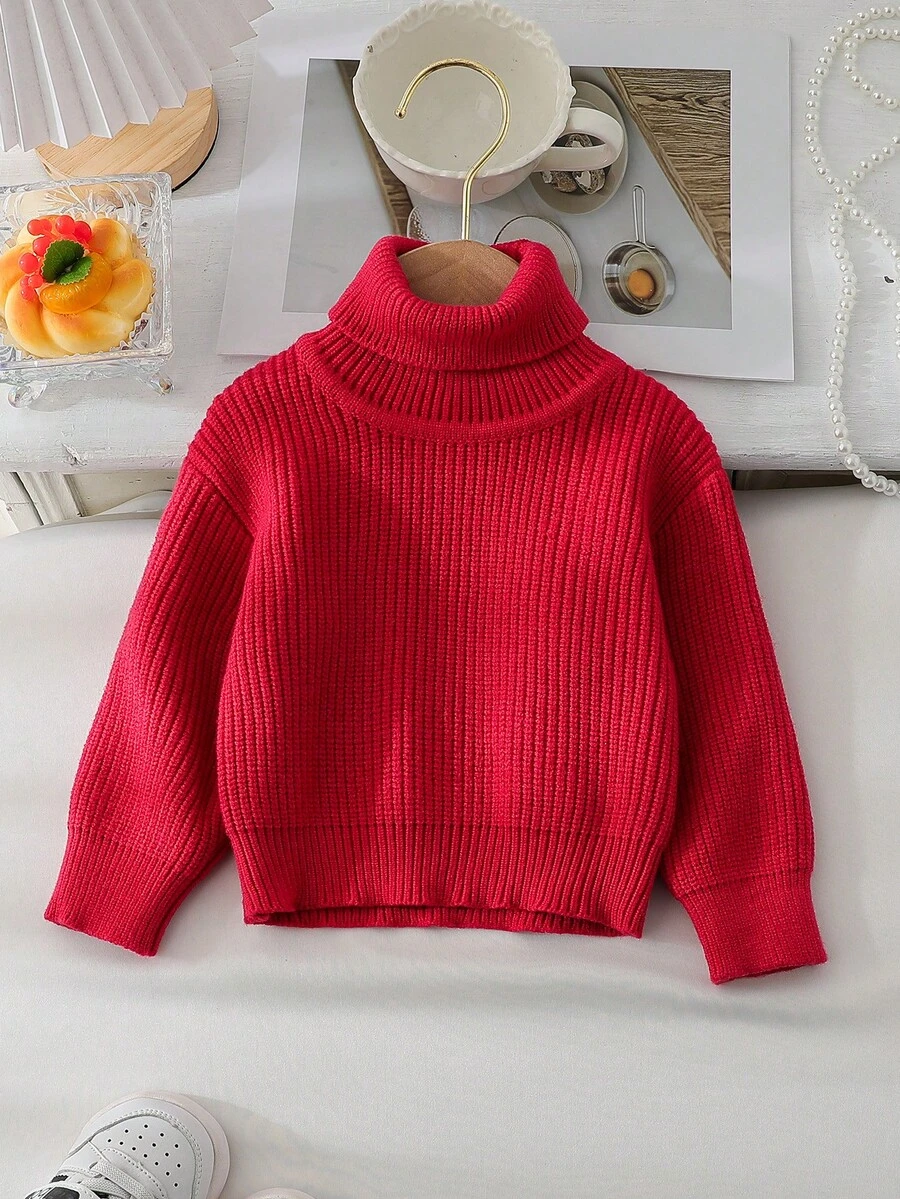 SHEIN Vintaside Kids 女婴纯色长袖休闲高领毛衣,适合亲子时光、派对、户外活动、万圣节和圣诞节等节日聚会,也适合与其他女婴毛衣搭配。这款纯色针织毛衣红色上衣,女婴高领毛衣,款式多样,时尚百搭。 - 紅色 - 查看 1