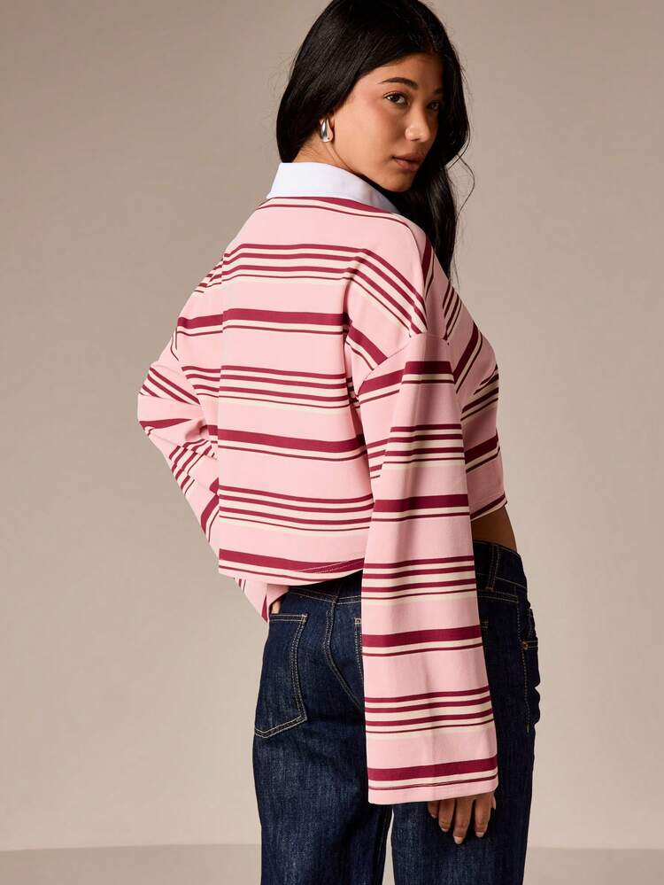 Oversized Cropped Rugby Top With Stripes