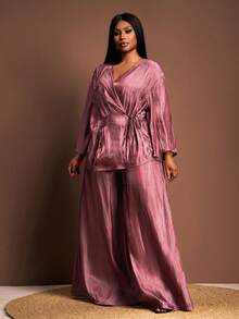 Veslaya Rosa Empoeirado, Outono, Elegante, Conjunto de Top de Manga Longa com Amarração e Calça Pantalona para Mulheres Plus Size, Conjunto de Calça Casual Solta Combinando - Marrom - Visão 3