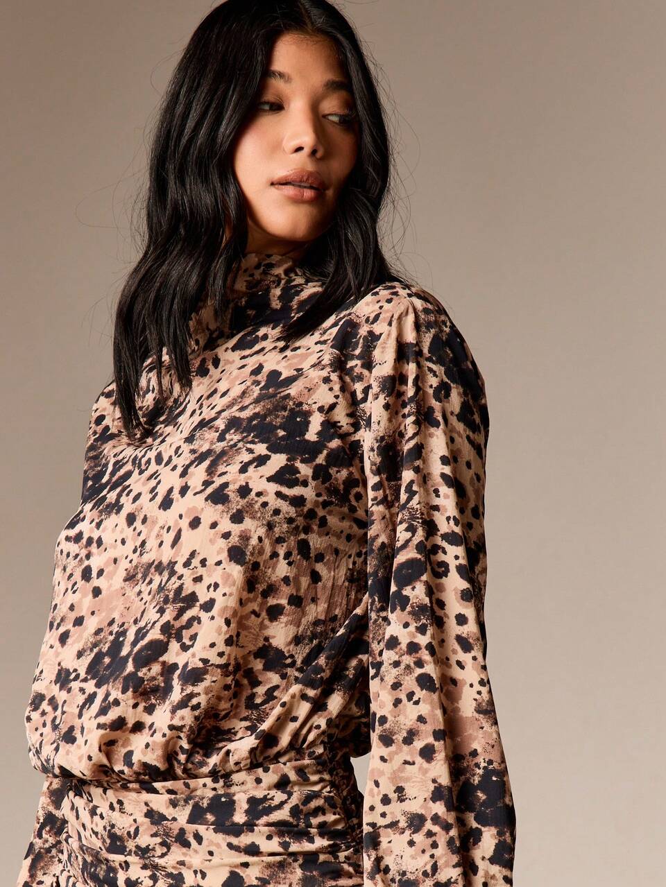 AiiRZ Women's Animal Print High Neck Long Sleeve Ruched Mini Dress With Tiered Ruffle Hem Fall Winter Party Bodycon Dress