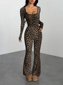 SHEIN PETITE Women's Autumn Leopard Print Square Neck Long Sleeve Flared Fashion Jumpsuit ,Petite Women - Brown - View 9