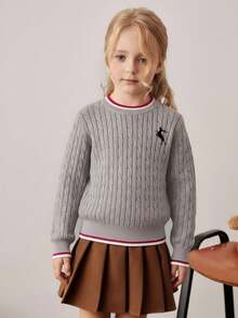 PrepCrw Sweater Rajut Kabel Bordir Lengan Panjang Kerah Bulat Cocok untuk Musim Semi, Musim Panas, Musim Gugur, Musim Dingin, Hadiah Natal yang Bagus untuk Anak Perempuan - Grey - View 5