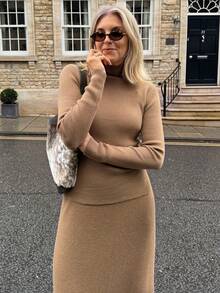 Vivie Lora 2pcs Women Solid Color Tight Fitting Sweater Set, Autumn/Winter - Khaki - View 2