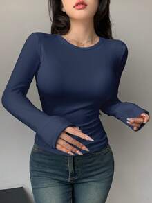 DAZY Women's Solid Color Crew Neck T-Shirt With Thermal Lined, Autumn/Winter - Navy Blue - View 4