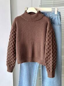 Sparklyn Tween Girl New Fashionable Versatile Simple Commuting High Neck Pullover Sweater Brown Sweater Brown Top Fall Cute Aesthetic Preppy Winter Sweater Jumper - Brown - View 6