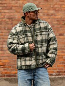 DAZY 秋冬季加厚绿色格子拉链口袋设计保暖男士夹克外套 - 綠色 - 查看 3