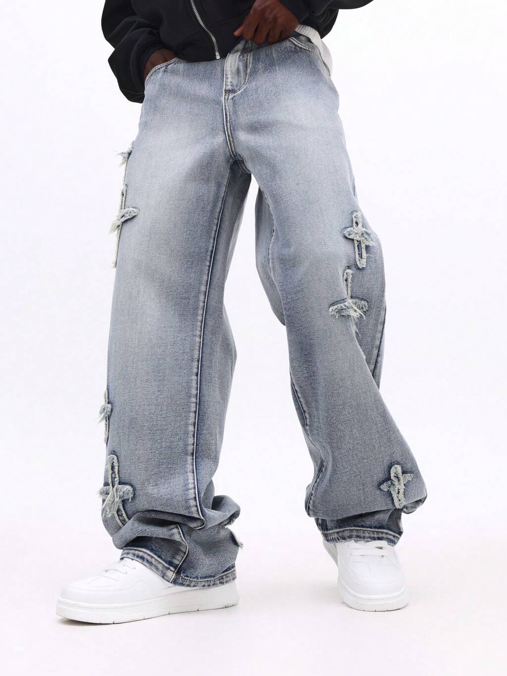 Cross Embroidered Wide Leg Jeans With Distressed Details
