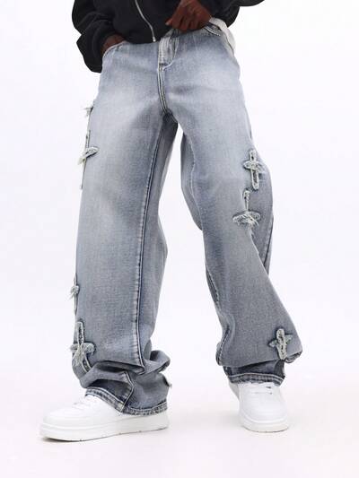 Cross Embroidered Wide Leg Jeans With Distressed Details