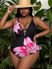 Slaydiva Plus Size Women One-Piece Floral Print Fashion Vacation Casual Slim Fit Tummy Control Adjustable Thick Strap Deep V-Neck Backless One Piece Swimsuit For Summer - Black - View 5