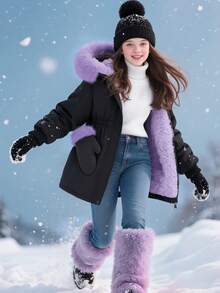 SHEIN 少女连帽中长款休闲口袋仿保暖内衬外套 - 淡紫色 - 查看 7