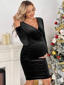 SHEIN Maternity Solid Color Overlap V-Neck Long Sleeve Ruched Fitted Elegant Dress - Black - View 7