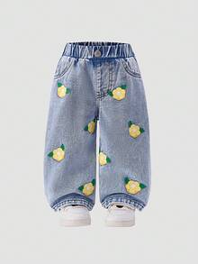 SHEIN Playful Pals 女婴时尚水洗碎花阔腿牛仔裤 - 藍色 - 查看 6