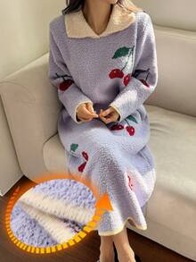 DAZY Cherry Pattern Contrast Color Lapel Loose Long Sleeve Knitted Nightgown, Women Autumn/Winter Sleepwear Dress, Moo Moo Night Dress Pajamas - Blue - View 6