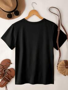 SHEIN Women Summer Short Sleeve Tops With English Letters & Bow Design - Black - View 2