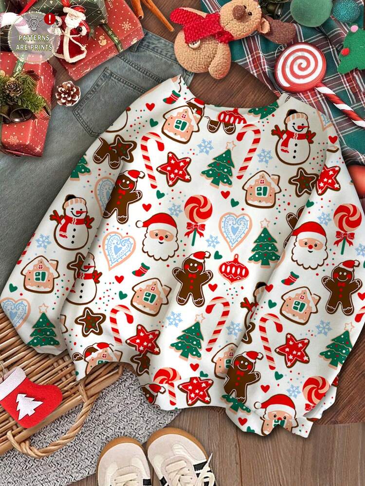 SHEIN Leap Crew Áo nỉ dài tay cổ tròn dáng rộng thoải mái họa tiết Giáng sinh dễ thương, hài hước, dễ thương, họa tiết ông già Noel, người bánh gừng, người tuyết, cây thông Noel, chuông, kẹo gậy, họa tiết bông tuyết màu trắng kem, thích hợp cho các buổi đi chơi và tụ tập vào dịp Giáng sinh, mùa thu/đông - Nhiều màu - Xem 2