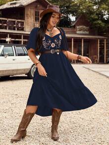 LanaWest Plus Size Women's Spring/Summer Western Country Solid Color Embroidered Drawstring Waist Ruffle Sleeve Layered Hem Short Casual Vacation Dress - Navy Blue - View 1