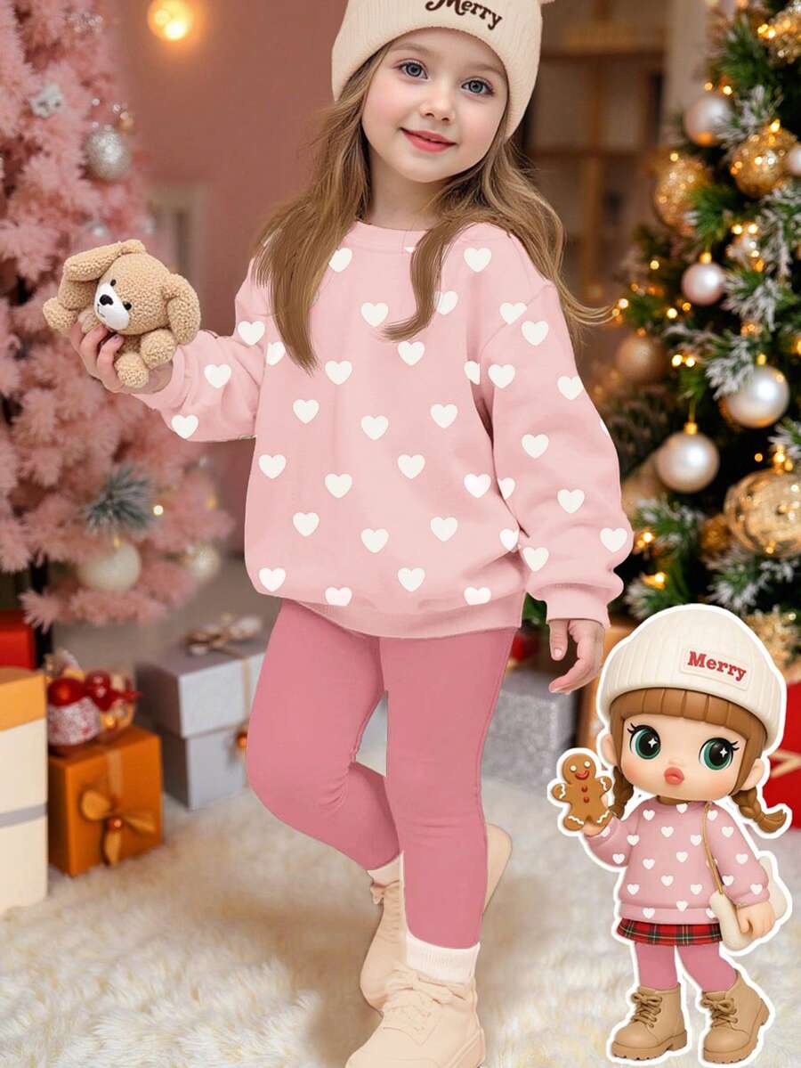 可爱爱心印花，少女休闲舒适柔软加厚保暖圆领长袖卫衣和打底裤套装，适合秋冬季日常穿着和居家穿着。 - 彩色 - 查看 1