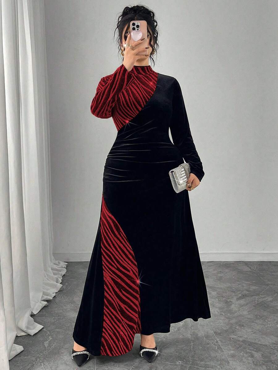 Modelyn 大码女式立领长袖丝绒拼接优雅派对连衣裙,秋冬款 - 彩色 - 查看 1