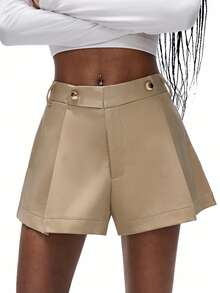 Aveloria GENKIRA Khaki Pleated Shorts With Side Buttons, Tailored For A Sleek, Fashionable Look - Khaki - View 3