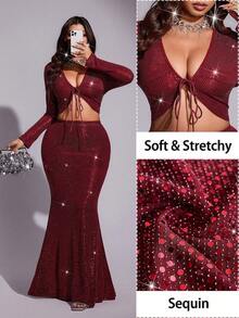 Viva Relle Große Größen sexy rotes paillettenbesetztes Crop Top und paillettenbesetzter Meerjungfrau-Rock Set für Silvester, Partykleid, Abendkleid - Bordeaux - Übersicht 1