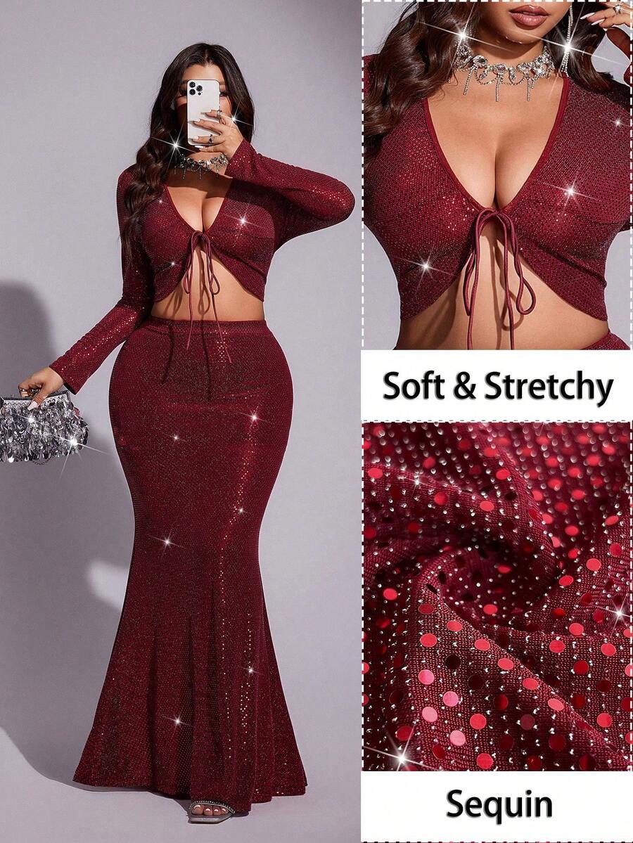 Viva Relle Große Größen sexy rotes paillettenbesetztes Crop Top und paillettenbesetzter Meerjungfrau-Rock Set für Silvester, Partykleid, Abendkleid - Bordeaux - Übersicht 1
