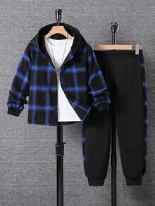 SHEIN Vacaura 男童格子长袖单排扣连帽衬衫和运动裤两件套休闲套装 - 藍色 - 查看 3