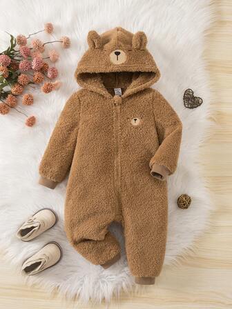 SHEIN 1 Piece Cute Baby Girl Casual, Simple, Playful, Cute, Thick Fleece Material Solid Color Double-Sided Velvet Bear Pattern Jumpsuit Suitable For Birthday Parties, Evening Parties, Performances, Suitable For Daily Wear Suitable For School Suitable For Travel Suitable For Autumn And Winter