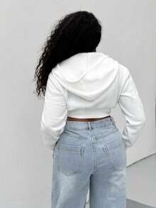 Alexandranx Women Solid Color Front Zipper Long Sleeve Pocket Minimalist Hooded Jacket, Casual Daily Wear,Long Sleeve Tops Graduation,Back To School Outfits,Graduation,Teacher Outfits For Women,Back To School In Fall/Winter - White - View 2