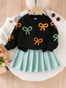 SHEIN Elladie kids Bộ 2 áo nỉ dệt kim dễ thương thường ngày cho bé gái, áo nơ dài tay và chân váy xếp ly màu xanh lá cây, thích hợp mặc vào mùa thu, ngày lễ và mặc hàng ngày - màu đen - Xem 3