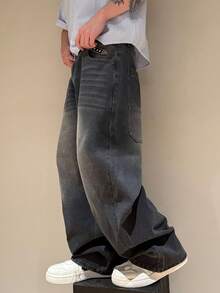 STEELVANCE Men's Street Style Minimalist Versatile Niche Print Text & Star Washed Loose Wide-Leg Jeans New Vintage - Black - View 5