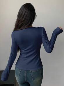 DAZY Women's Solid Color Crew Neck T-Shirt With Thermal Lined, Autumn/Winter - Navy Blue - View 6