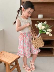 DAZY 2pcs/Set Young Girl Sleeveless Round Neck Minimalist Top And Skirt, Casual,Girls Summer Outfits Easter Vacation - White - View 6