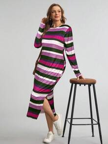 SHEIN LUNE LUNE 加大码圆领长袖时尚修身优雅迷人条纹设计连衣裙中长款女士连衣裙秋季女士连衣裙 - 中紫紅色 - 查看 5