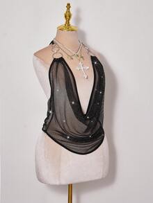 SHEIN ICON 女士亮面网纱深V领露背吊带背心 - 黑色 - 查看 6