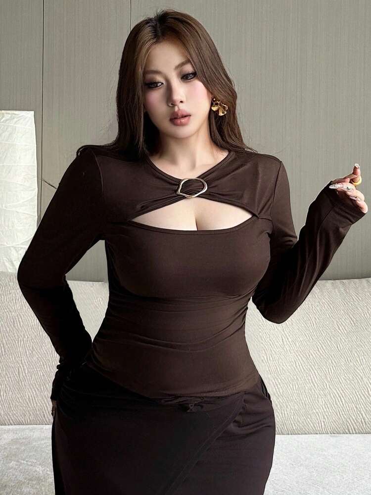 Dazy Plus Plus Size Women Stretchy Solid Color Hollow Sexy Wrap Long Sleeve T-Shirt