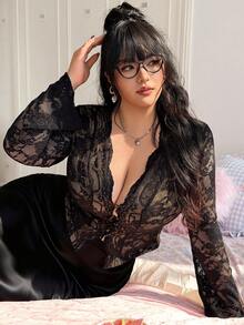 CovetEZ Plus Size Sexy Lace Trim Semi-Sheer Women Top/Valentine's Day - Black - View 1
