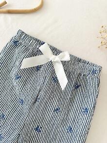 SHEIN Baby Girls' Cute Minimalist Bow & Striped Print Casual Pants, Suitable For Outdoor Spring/Autumn Baby Summer Pants Vintage Toddler Clothes Baby Trousers Toddler Linen Pants  Toddler Girls Pants Baby Girl Summer Pants Toddler Girl Pants Babygirl Pants