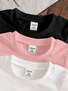 SHEIN GraphicGems 3pcs/Set Baby Girl 6M-3T Cute Black And Pink Summer Cute Graduation Bow & Letter Graphic Short Sleeve Knit Crew Neck Tops Daily Basic Tees Apparel - Multicolor - View 6