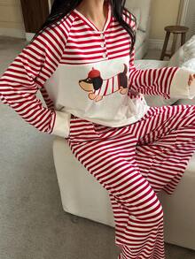 DAZY 2pcs Women Puppy Pattern Striped Loose Long Sleeve Pajama Set, Winter Clothes - Red and White - View 4
