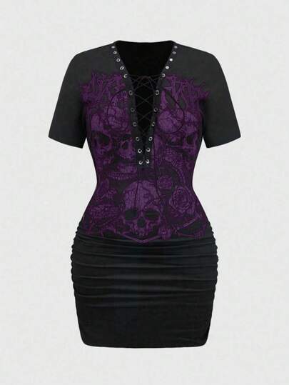 Grunge Punk Women's Halloween Skeleton Rose Print Deep V-Neck Tie Ruched Bodycon Mini Dress