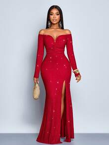 SOLERSUN 女士时尚优雅 V 领露肩美人鱼下摆鸡尾酒会夜总会紧身性感连衣裙，适合圣诞派对度假和约会 - 紅色 - 查看 4